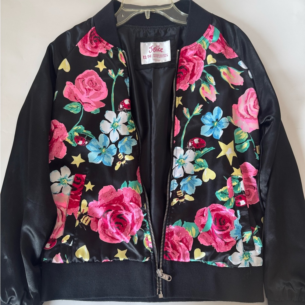 Justice Girls 12/14 Floral Bomber Jacket - Black and Pink